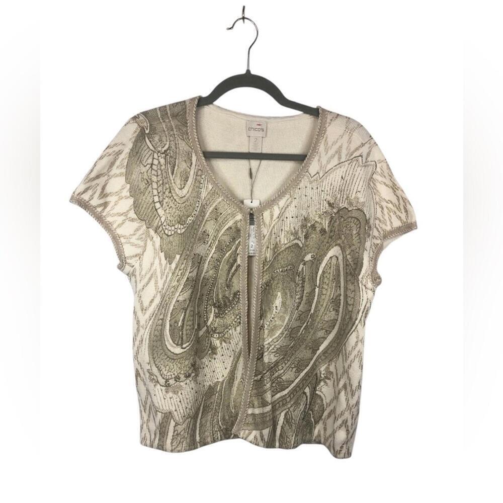 Chico’s Beaded Print Cardigan Gold Single Hook Closure Braided Trim [COPY]